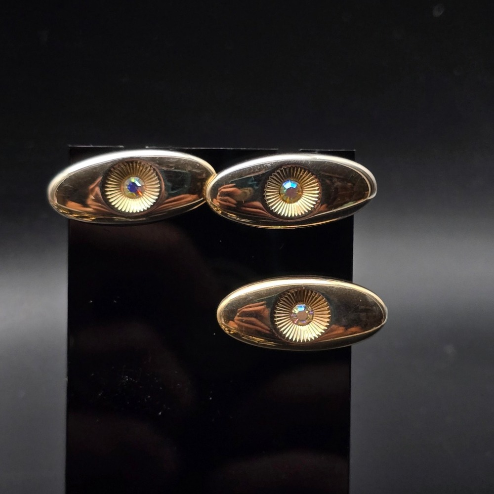 Aurora Borealis Rhinestone Cufflinks Tie Clip Set Gold Tone Oval Vintage MCM